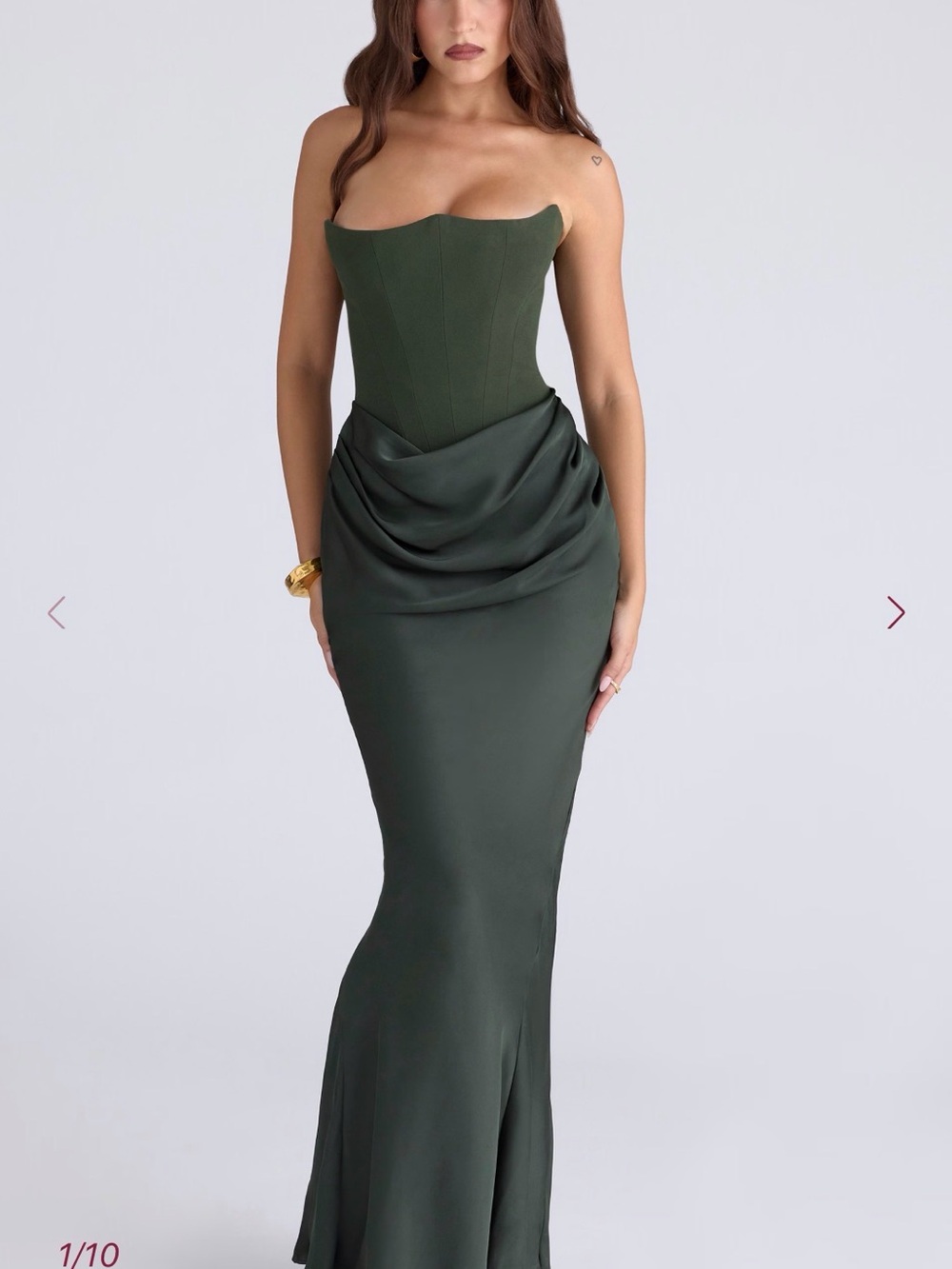 House of CB Olive Green Strapless Draped Mermaid Gown